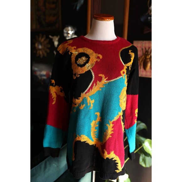 Vintage Petite Sophisticate 80s Equestrian Maximalist Granny Sweater Small - Picture 1 of 11